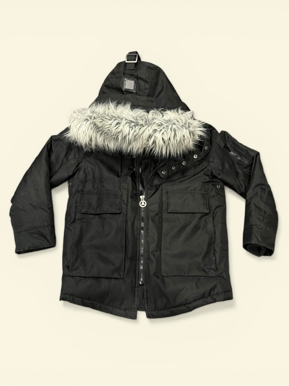 Awaknd Land Black Ski Jacket with Gray Faux Fur Hood Trim